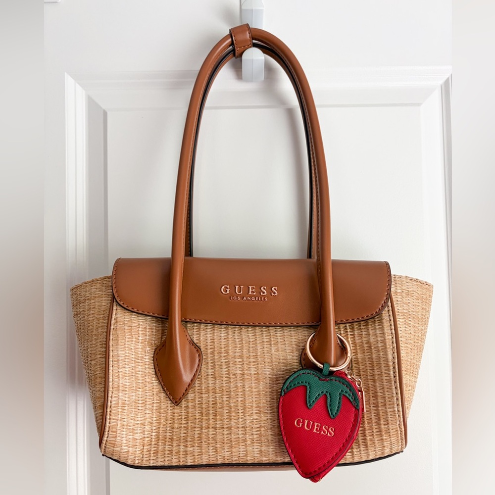 GUESS Tan Straw Purse Tote with Brown Trim and Strawberry Coin Purse Charm NWOT